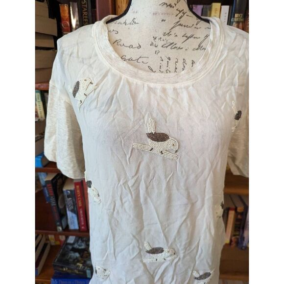 HEATHER ivory silk and knit t shirt with beaded birds sz s euc - Picture 2 of 7